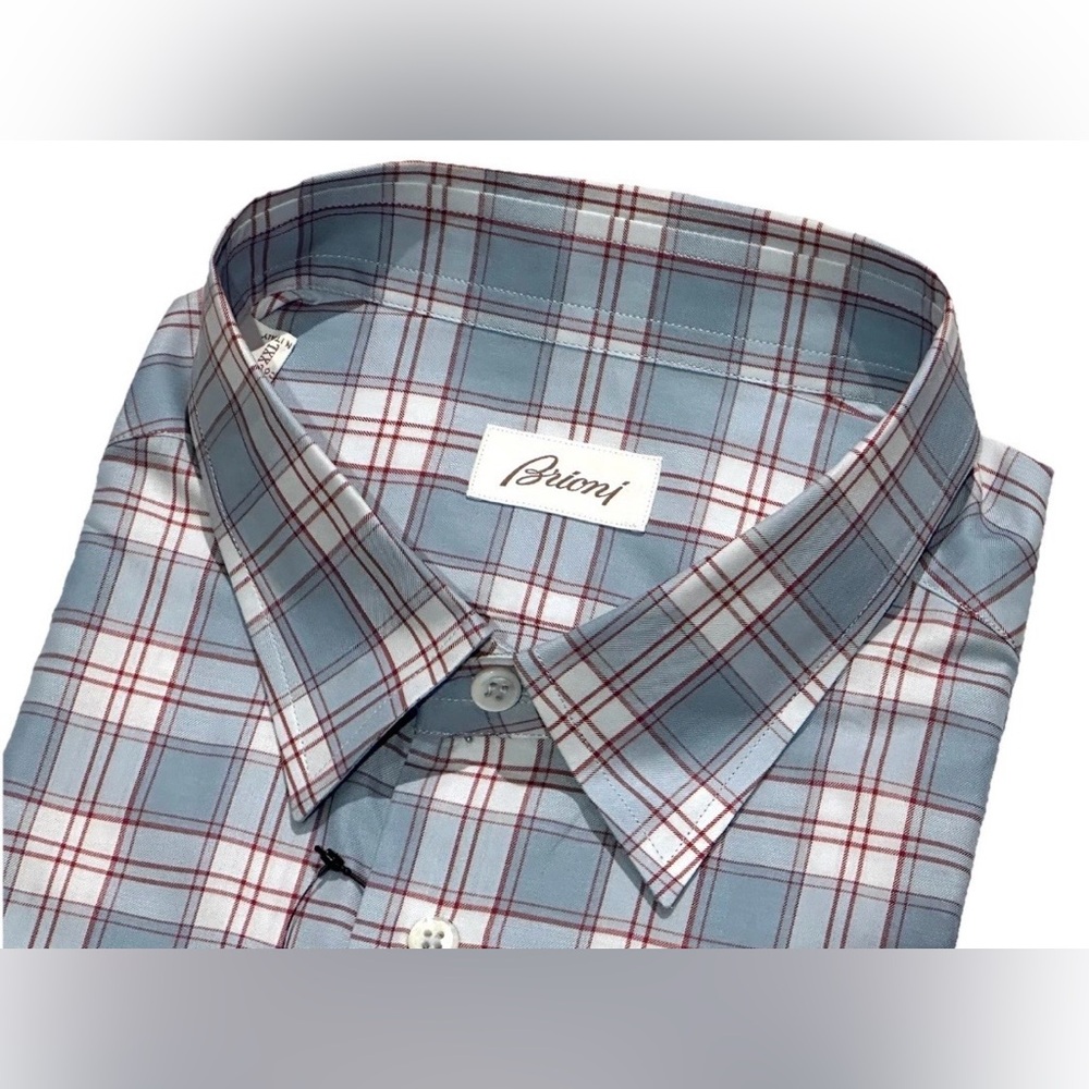 $795 NEW BRIONI DRESS SHIRT 17.5 44 XXL LIGHT BLUE DARK RED PLAID